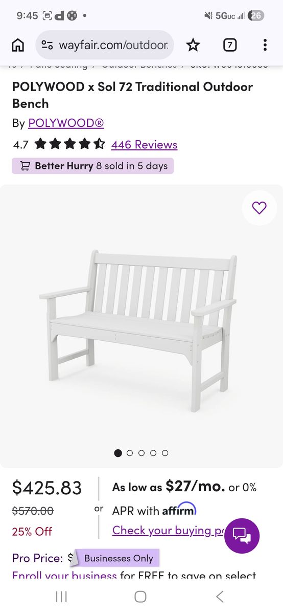 Sol 72 Polywood Traditional White Garden Bench 48" New