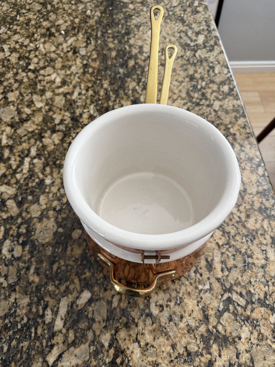Copper and Ceramic Double Boiler Pot with Brass Handles