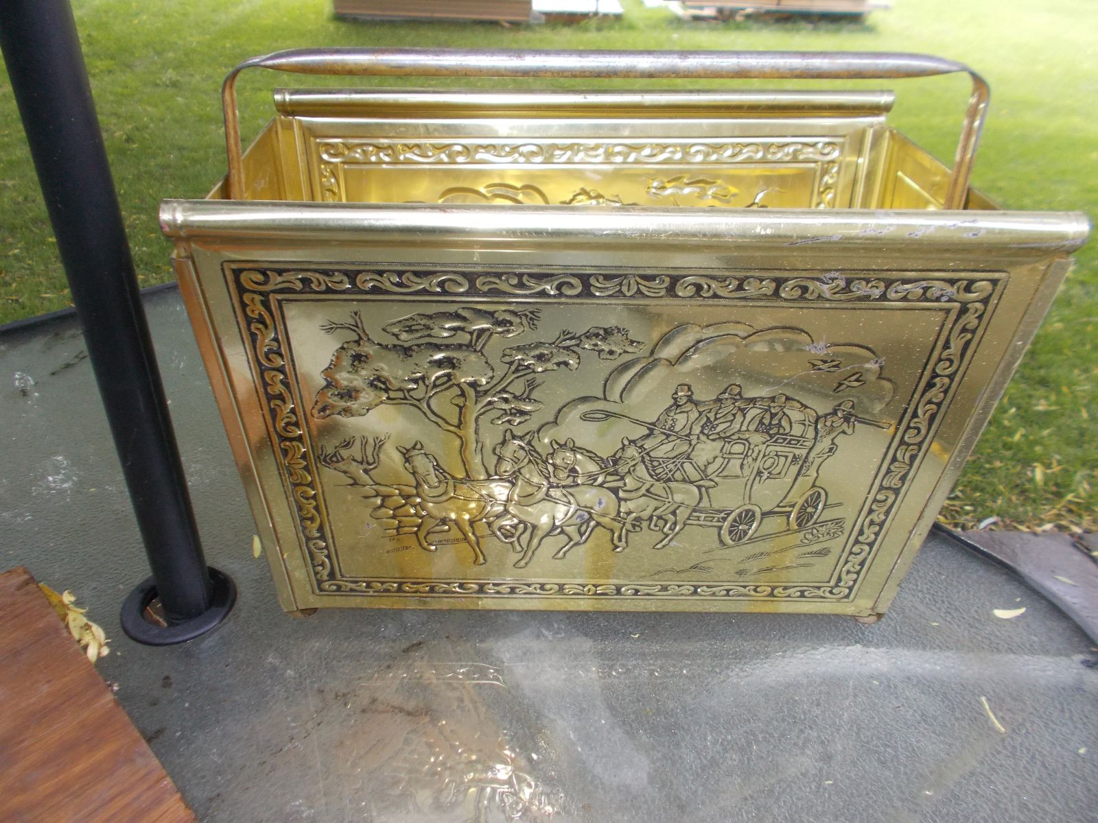 Vintage MCM Brass Clad Stagecoach Magazine or Newspaper Holder