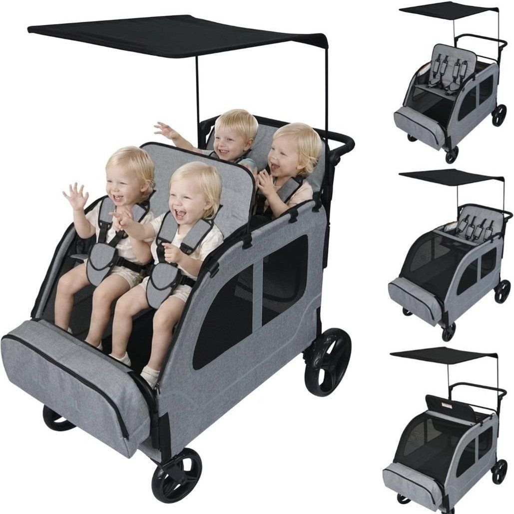 JULYSHILIU Large 4-Seater Stroller Wagon, Foldable All-Terrain with Canopy & 5-Point Harness, Grey quad stroller