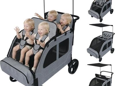 JULYSHILIU Large 4-Seater Stroller Wagon, Foldable All-Terrain with Canopy & 5-Point Harness, Grey quad stroller