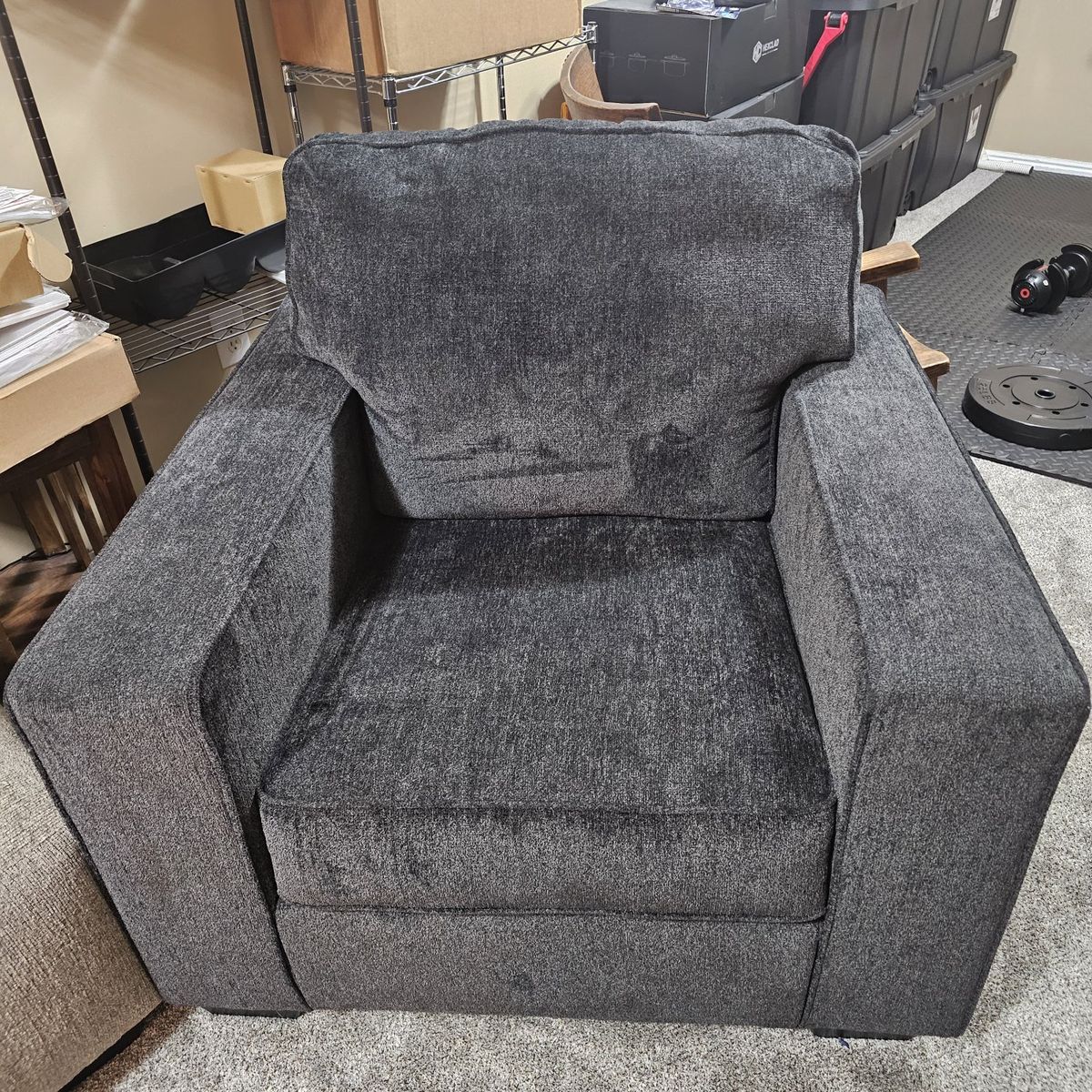 Comfortable Dark Grey Fabric Love Seat and Armchair Set - Minor Wear