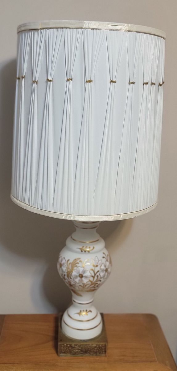 Vintage Falkenstein Hollywood Regency White Glass Lamp with Pleated Shade