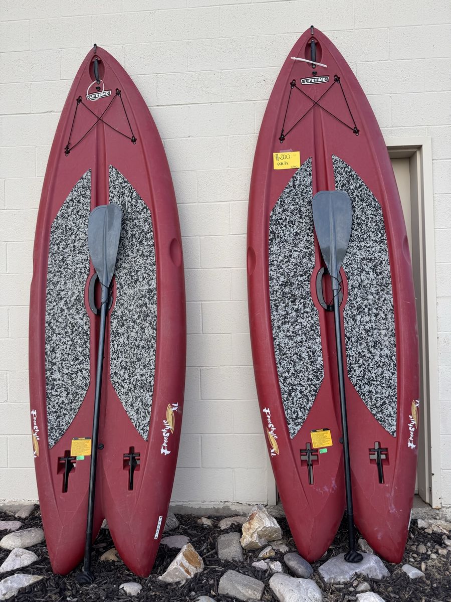Pair of Lifetime Freestyle XL Kayaks with Paddles - Red Recreational Kayaks