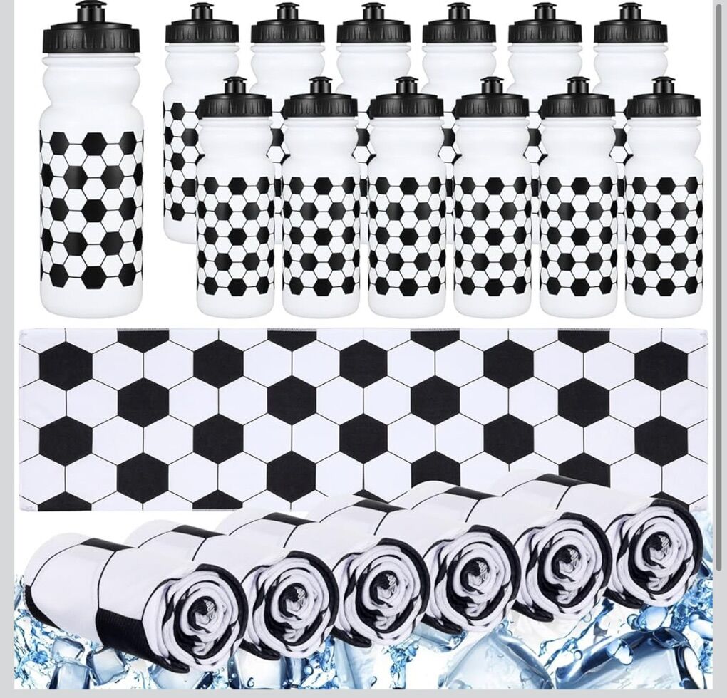 Soccer water bottles & soccer print cooling towels