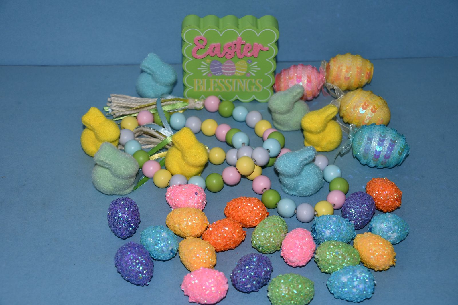 Set of EASTER DECOR ITEMS ~ FLOCKED BUNNY RABBITS, SPARKLY EGGS, BEADS, SIGN ~ CLEAN ~ ALL FOR $5