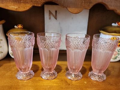 4 Vintage Gorham Emily's Attic Pink Hobnail Herringbone Highball Glasses Set of 4 glasses