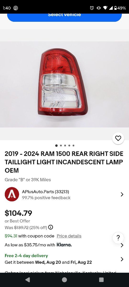 19-24 ram 1500 rear right tail light