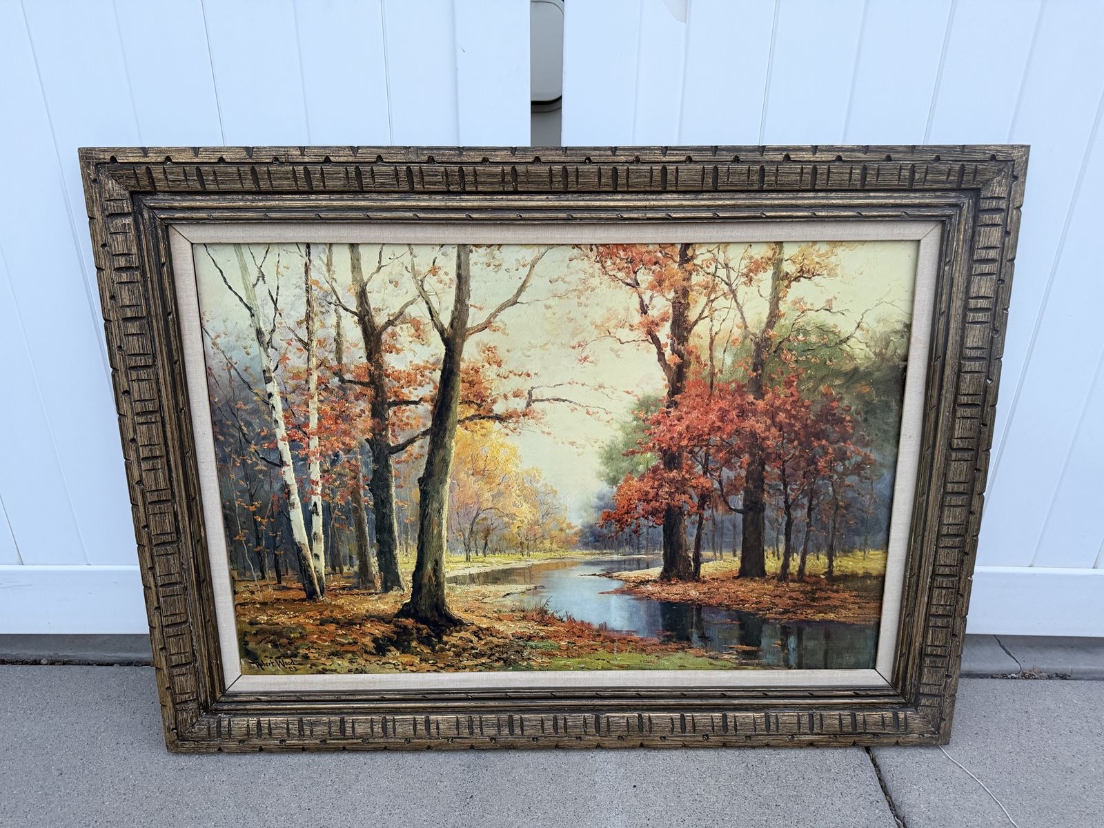 Vintage Original Framed Fall Forest River Landscape Oil Painting Signed Robert Wood. (46" x 30")