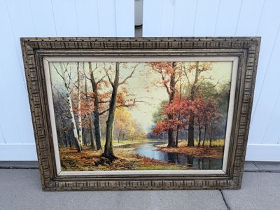 Vintage Original Framed Fall Forest River Landscape Oil Painting Signed Robert Wood. (46" x 30")