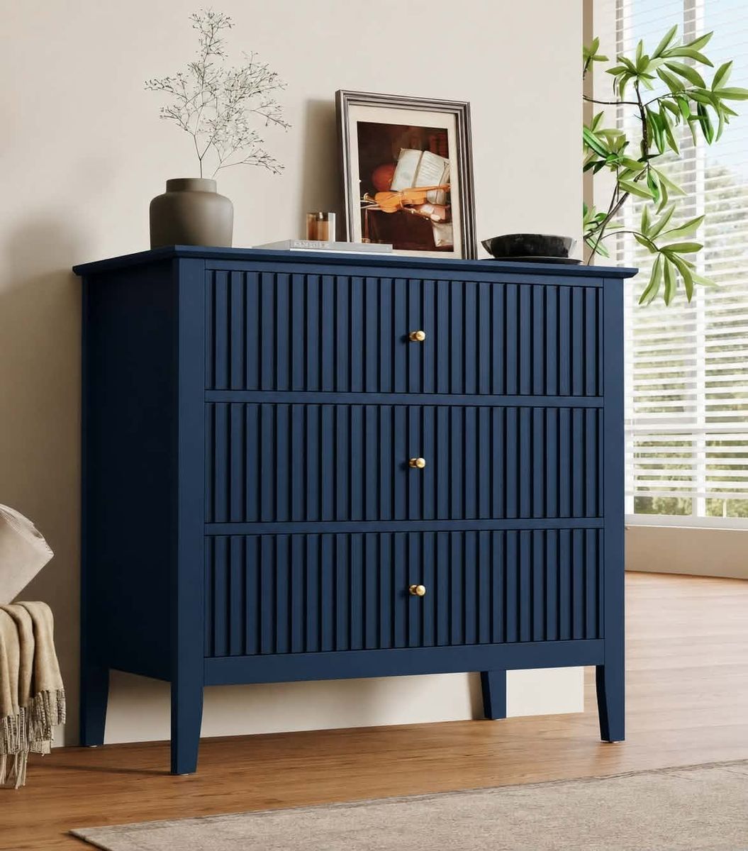 RoyalCraft 32" Large Nightstand, Fluted Painted Bedside Table with 3 Spacious Drawers, Modern Tall End Table for Bedroom, Blue