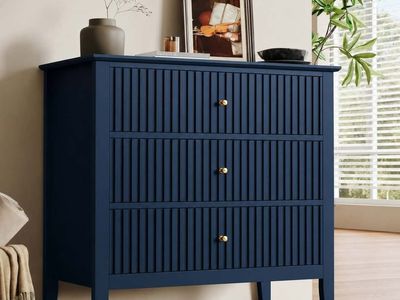 RoyalCraft 32" Large Nightstand, Fluted Painted Bedside Table with 3 Spacious Drawers, Modern Tall End Table for Bedroom, Blue