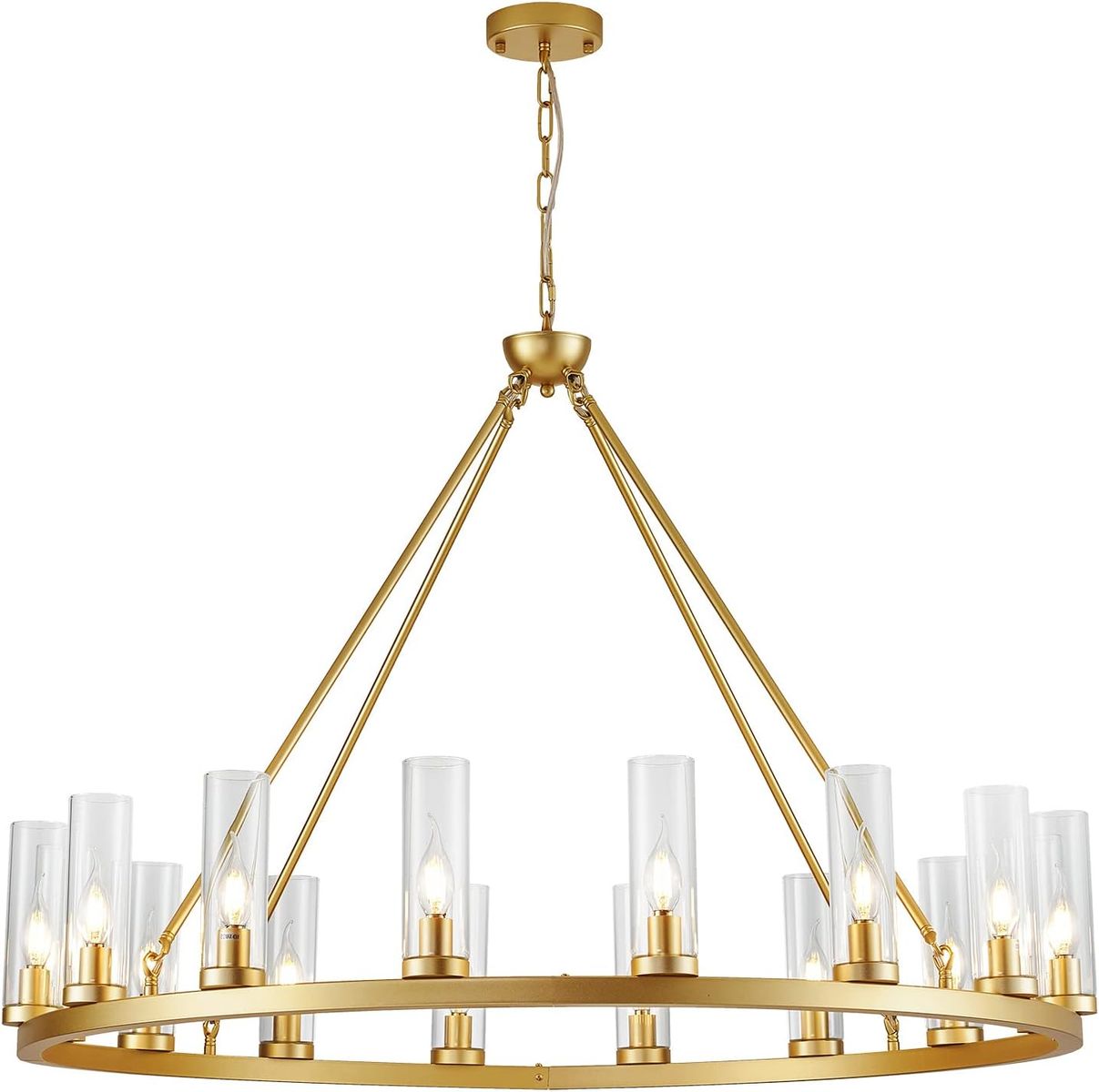 42"- 16 Light Farmhouse Wagon Wheel Chandelier, Light Gold with Clear Glass