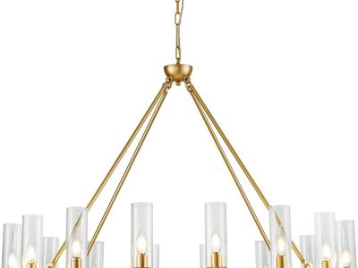 42"- 16 Light Farmhouse Wagon Wheel Chandelier, Light Gold with Clear Glass