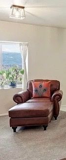 Leather Sofa and Loveseat Set also lounge chair- Rich Brown, end table, coffee table and behind sofa table that expands