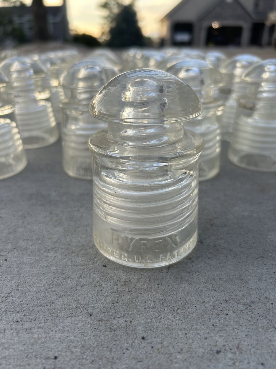 64 Vintage Pyrex Clear Glass Telegraph & Power Line Insulators Lot