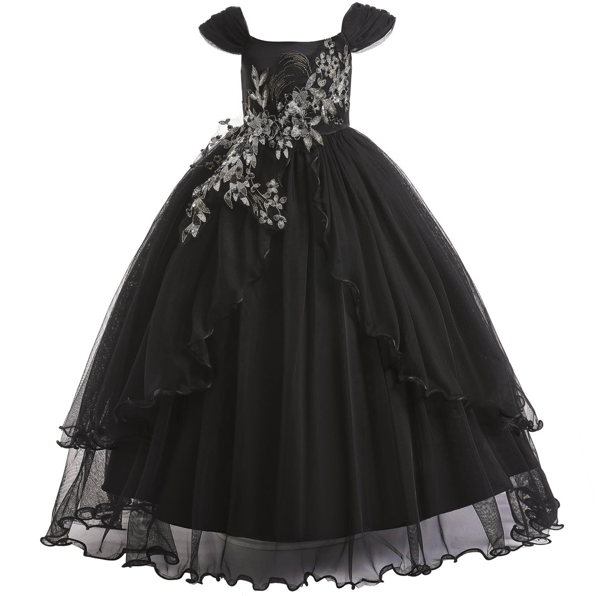 Weileenice Girls Tulle Dress Black Off Shoulder Kids Holiday Pageant Birthday Bridesmaid Party Funeral Prom Ball Gown Lace Embro