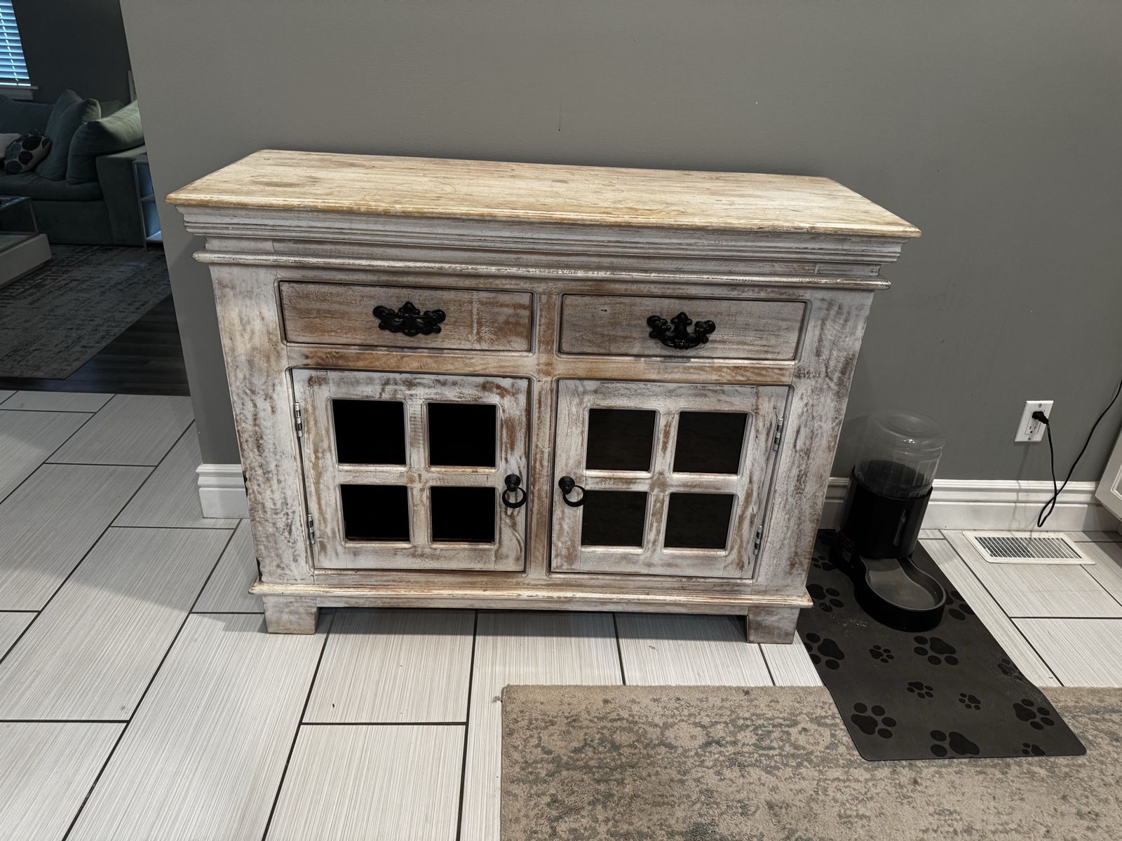 Distressed White Wood Accent Cabinet Console Table w/ Drawers & Glass Doors