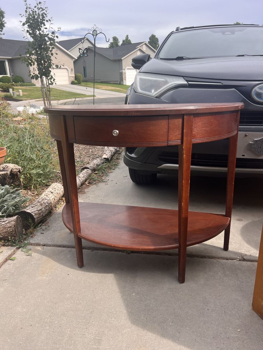 Half-Moon Console Table, Dark Wood with Single Drawer and Lower Shelf