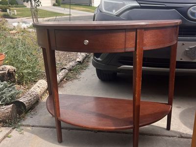Half-Moon Console Table, Dark Wood with Single Drawer and Lower Shelf