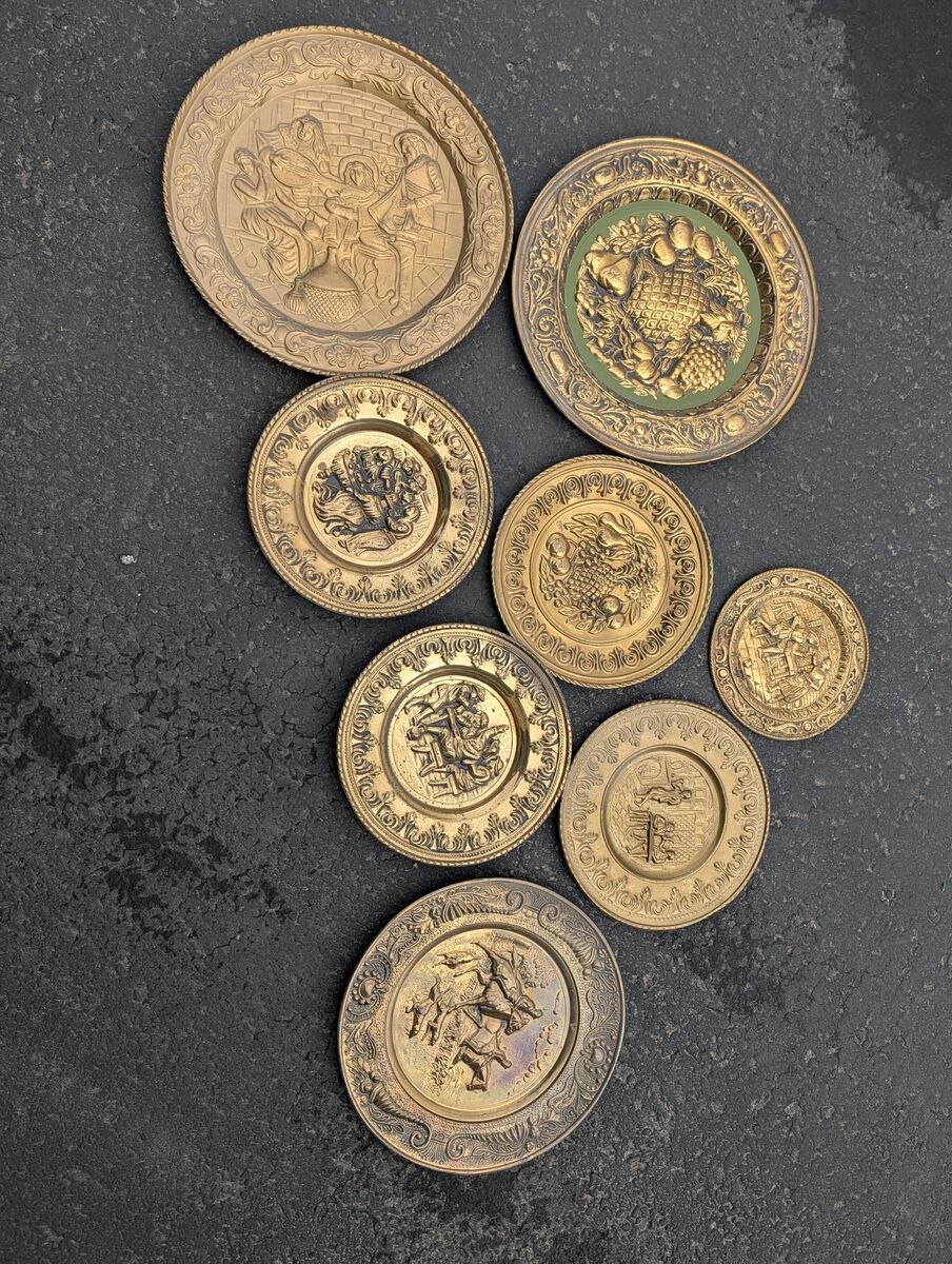 Set of 8 Vintage "Made in England" Brass Wall Plates - Embossed Pub Scenes & Fruit