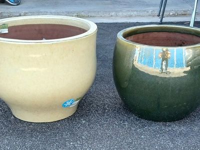 Pair of Large Ceramic Planters - Yellow/Green Glazed Pots for Indoor/Outdoor Use. 16w x 13h and 13w x 12h.
