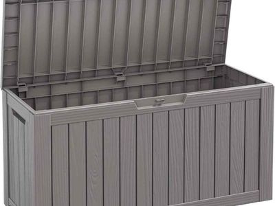 Approx. 85 Gallon Outdoor Deck Storage Box – Waterproof Resin Patio Storage Bin, Lockable, New