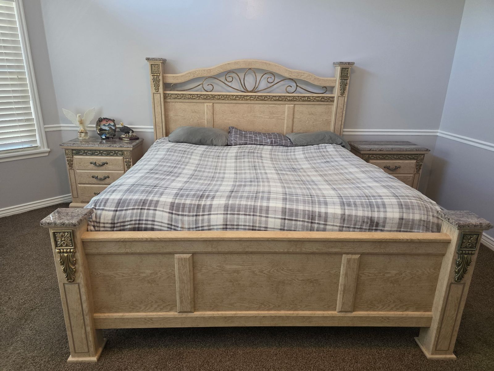 Ornate King Size Bedroom Set - Headboard, Dresser, 5 drawer dresser, Armoire, 2 Nightstands - Light Wood Finish