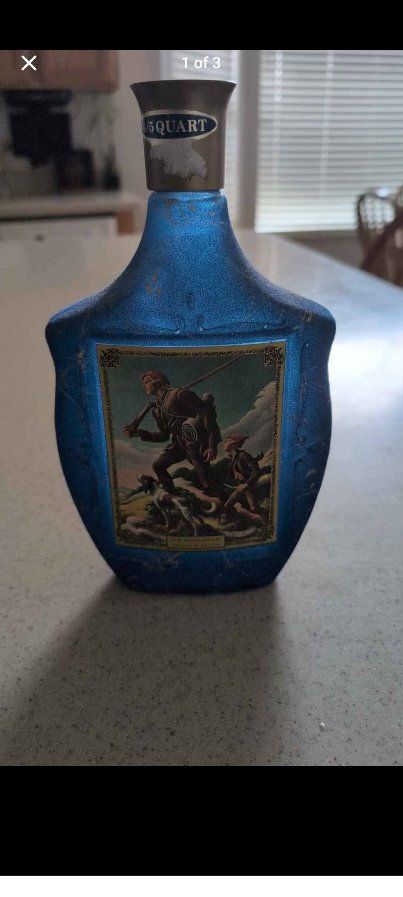 Vintage Blue Admiral Decanter Bottle with Embossed Gold Design and Gold Spout