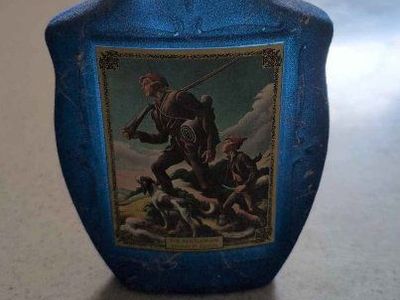 Vintage Blue Admiral Decanter Bottle with Embossed Gold Design and Gold Spout