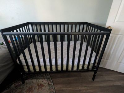 Black Wooden Baby Crib - Compact & Sturdy Design with Mattress