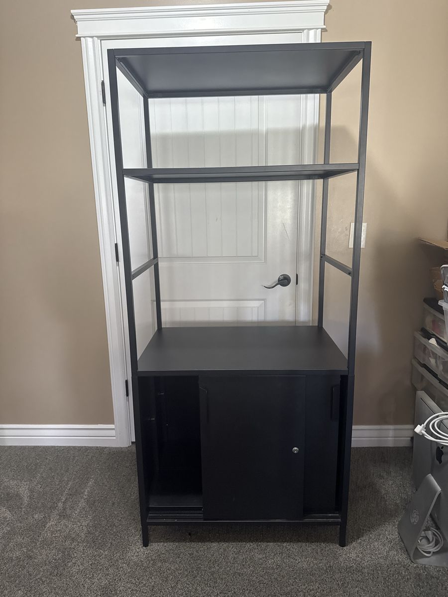 Industrial Black Metal and Wood Bookshelf with Sliding Cabinet Door