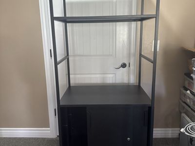 Industrial Black Metal and Wood Bookshelf with Sliding Cabinet Door