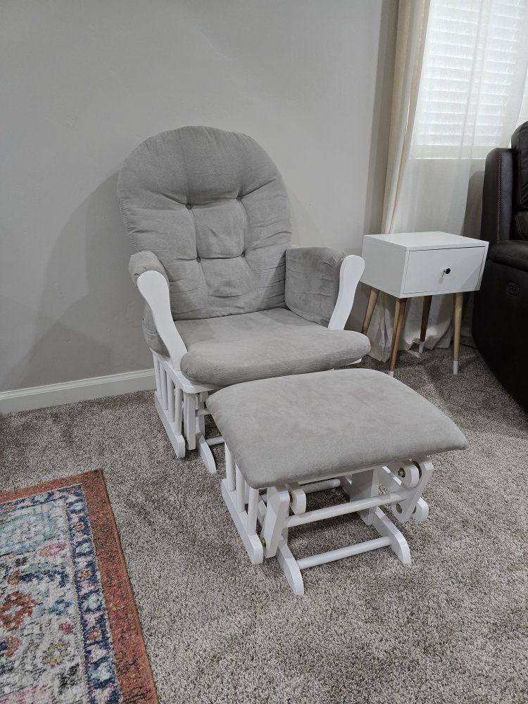 White Wooden Glider Rocking Chair with Matching Ottoman - Gray Cushions