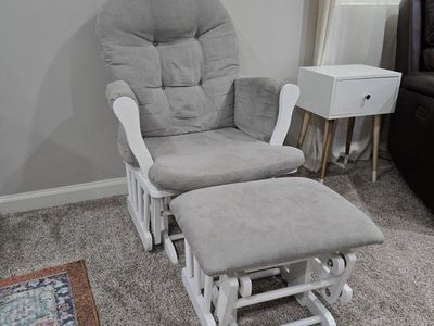White Wooden Glider Rocking Chair with Matching Ottoman - Gray Cushions