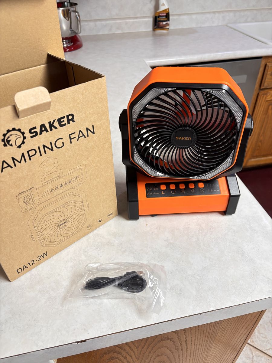 SAKER DA12-2W Orange Camping Fan with LED Lantern, Portable & Rechargeable