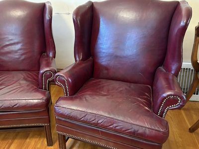 Pair of Bracewell Burgundy Leather Wingback Club Chairs