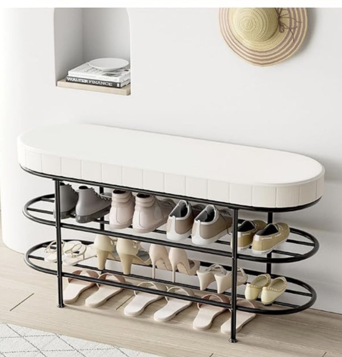 Modern Entryway Shoe Bench with 2-Tier Storage Rack - Faux Leather Upholstered Seat