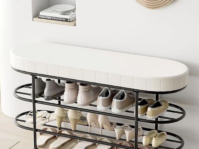 Modern Entryway Shoe Bench with 2-Tier Storage Rack - Faux Leather Upholstered Seat