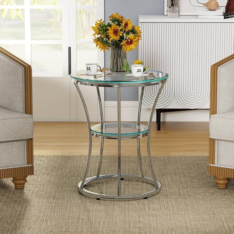 O&K FURNITURE Round End Table with Tempered Glass