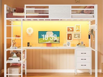 Full Size Loft Bed with Desk and Storage Drawers