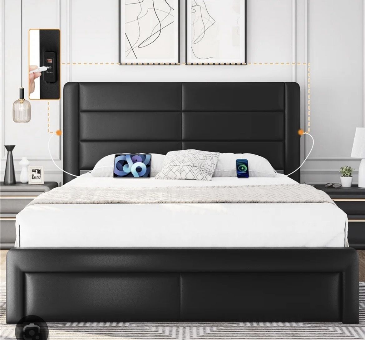 Queen Size Bed Leather Upholstered Platform Bed Charging Station