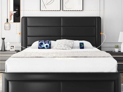 Queen Size Bed Leather Upholstered Platform Bed Charging Station