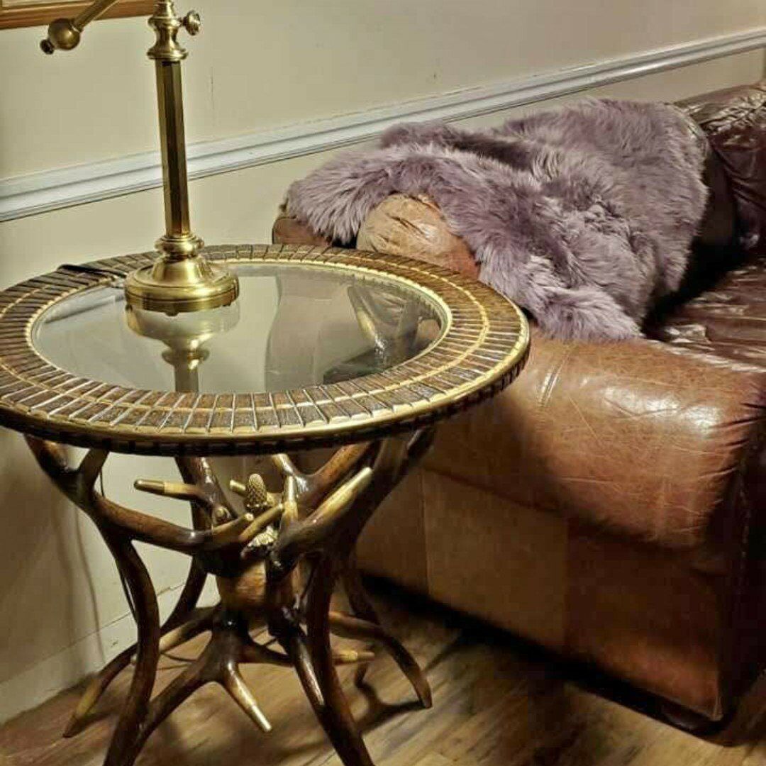 Metal Faux Antler and Glass Side Table