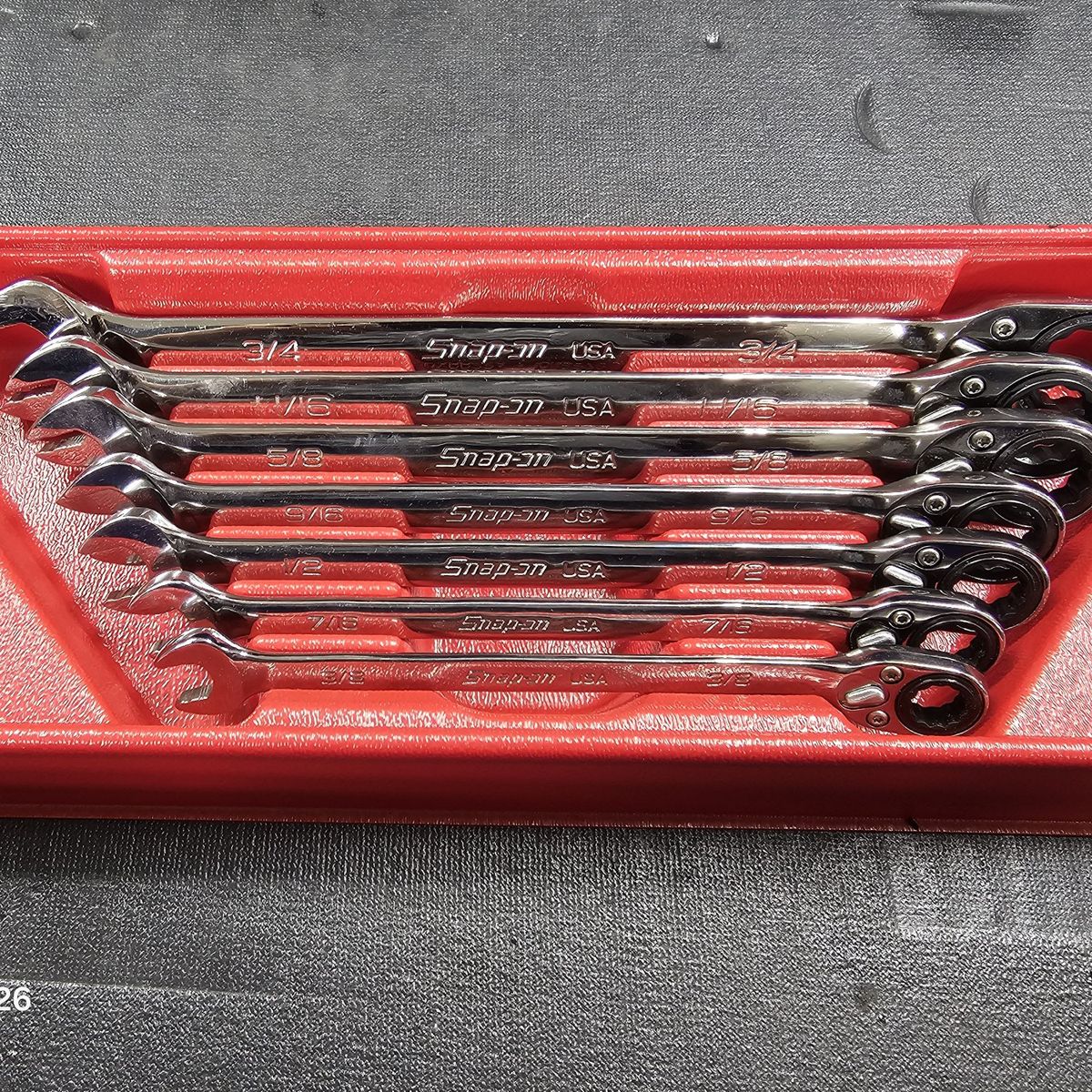 Snapon standard ratcheting end wrenches.