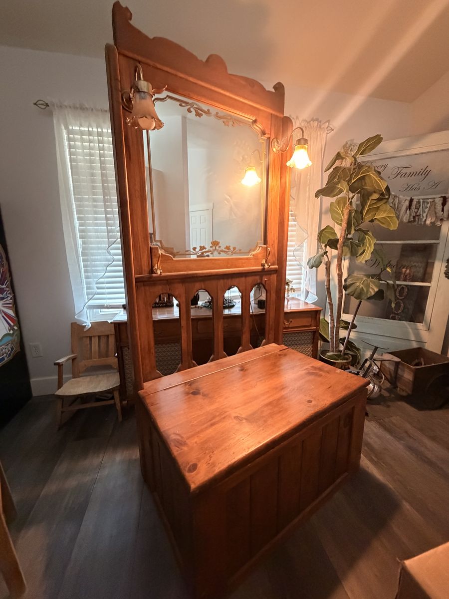 Handmade wooden entryway storage and hanging rack with lights very heavy, real wood.