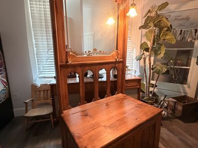 Handmade wooden entryway storage and hanging rack with lights very heavy, real wood.