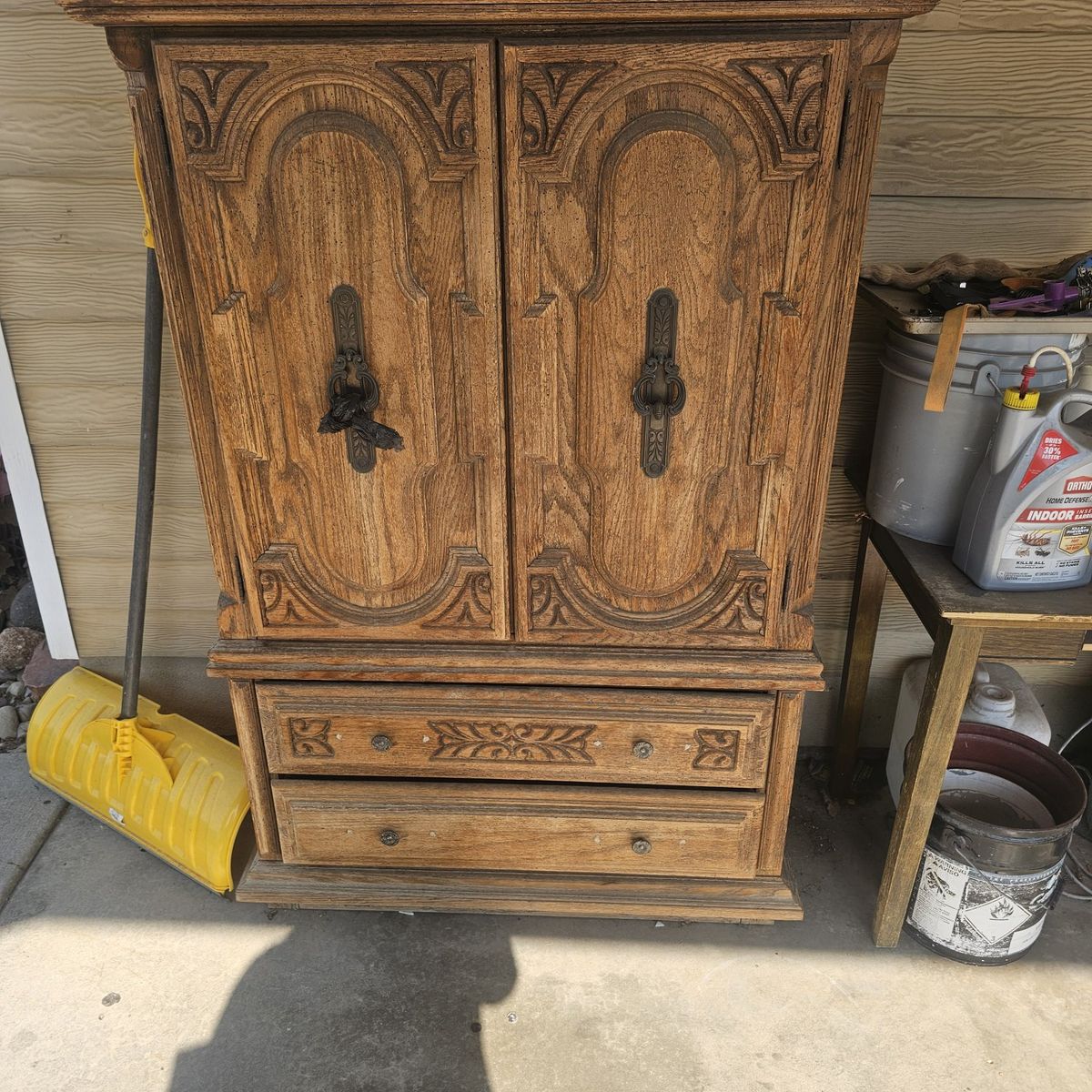 Vintage Carved Wooden Armoire Cabinet with Double Doors and Drawers