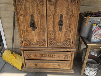 Vintage Carved Wooden Armoire Cabinet with Double Doors and Drawers