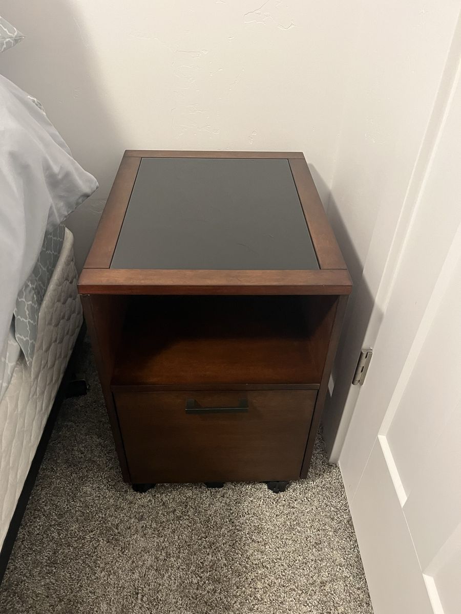 Wood Nightstand with Tinted  Glass Top and Storage Drawer on Casters